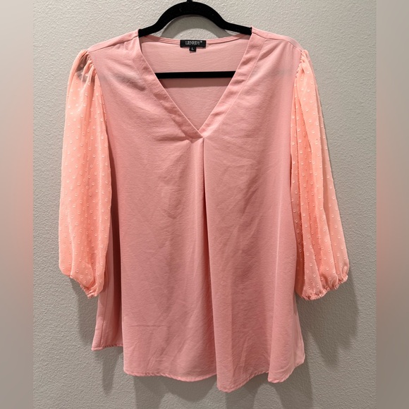 Lienridy Tops - 🌸 Lienridy Blush Pink V-Neck Blouse w/ Embroidered Sleeves – Size L